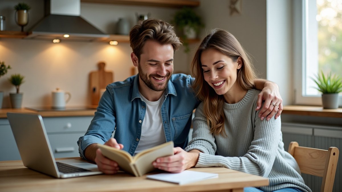 Un couple organise son épargne mensuelle à la table de la cuisine