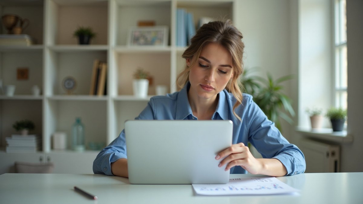 Une jeune femme planifie son investissement mensuel sur sa tablette